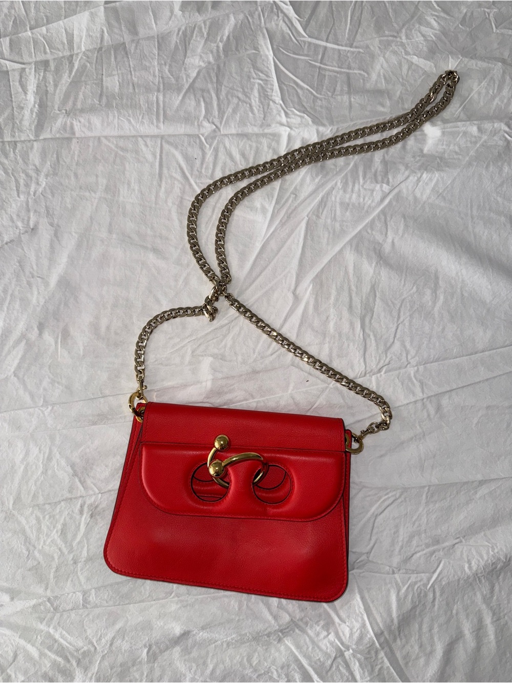 JW ANDERSON Red Leather Crossbody with Gold Chain and Signature Twist Lock